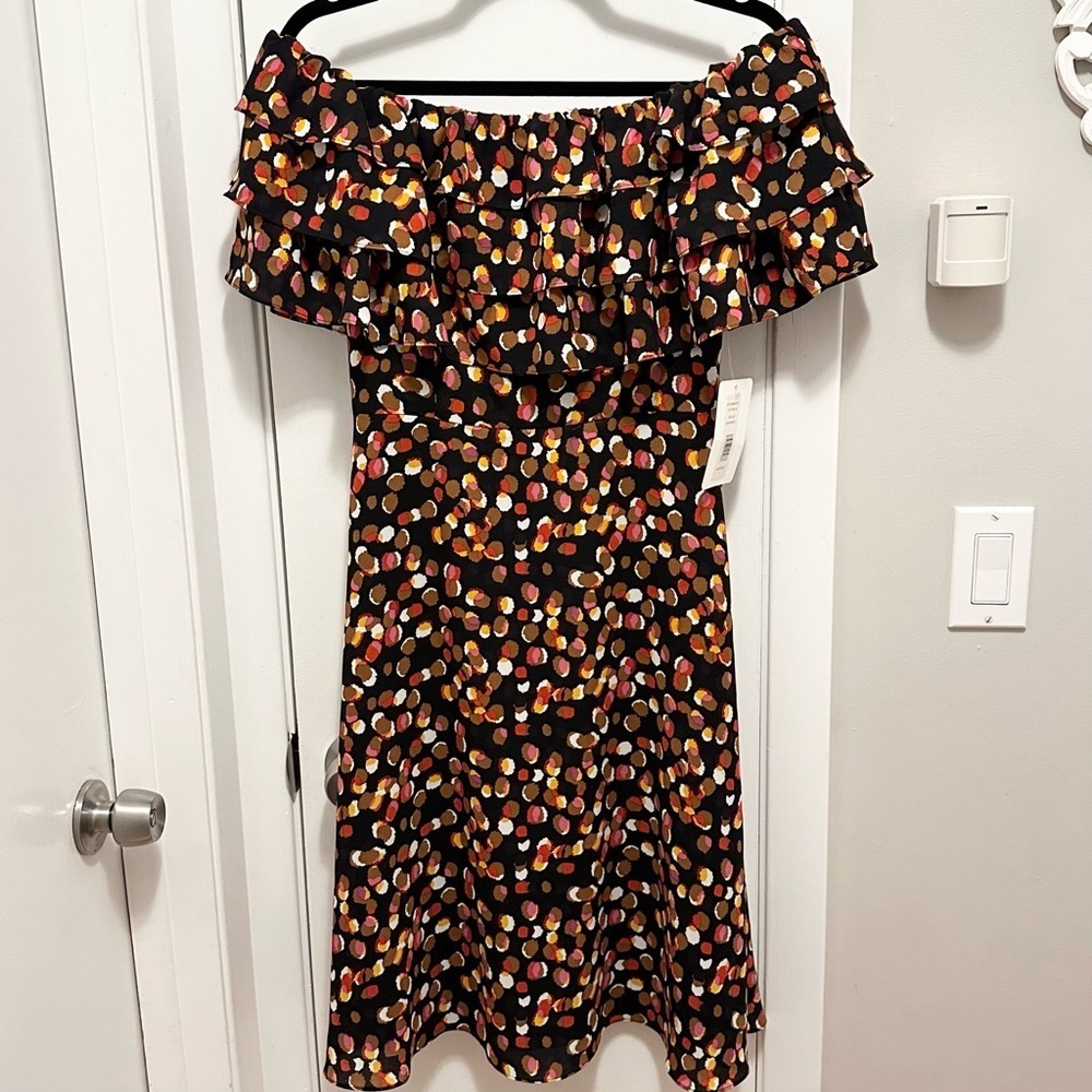 Mikael Aghal Off Shoulder Ruffle Abstract Dots Midi Dress 2 black multi NWT